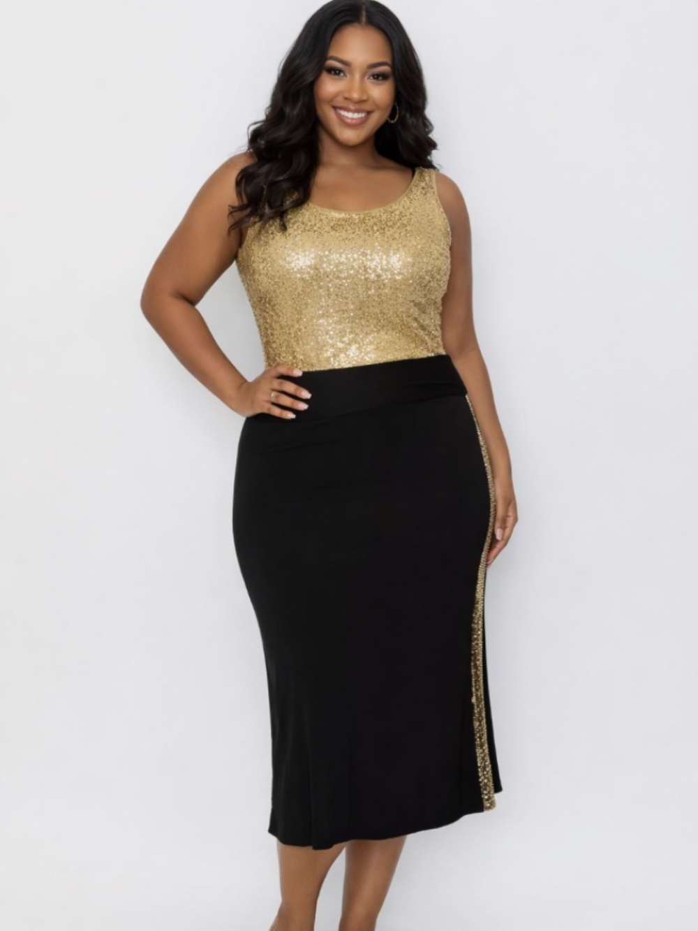 Coin 1804 Plus Size 1X Sequin Side Contrast Fold Over MIDI Skirt/NWT